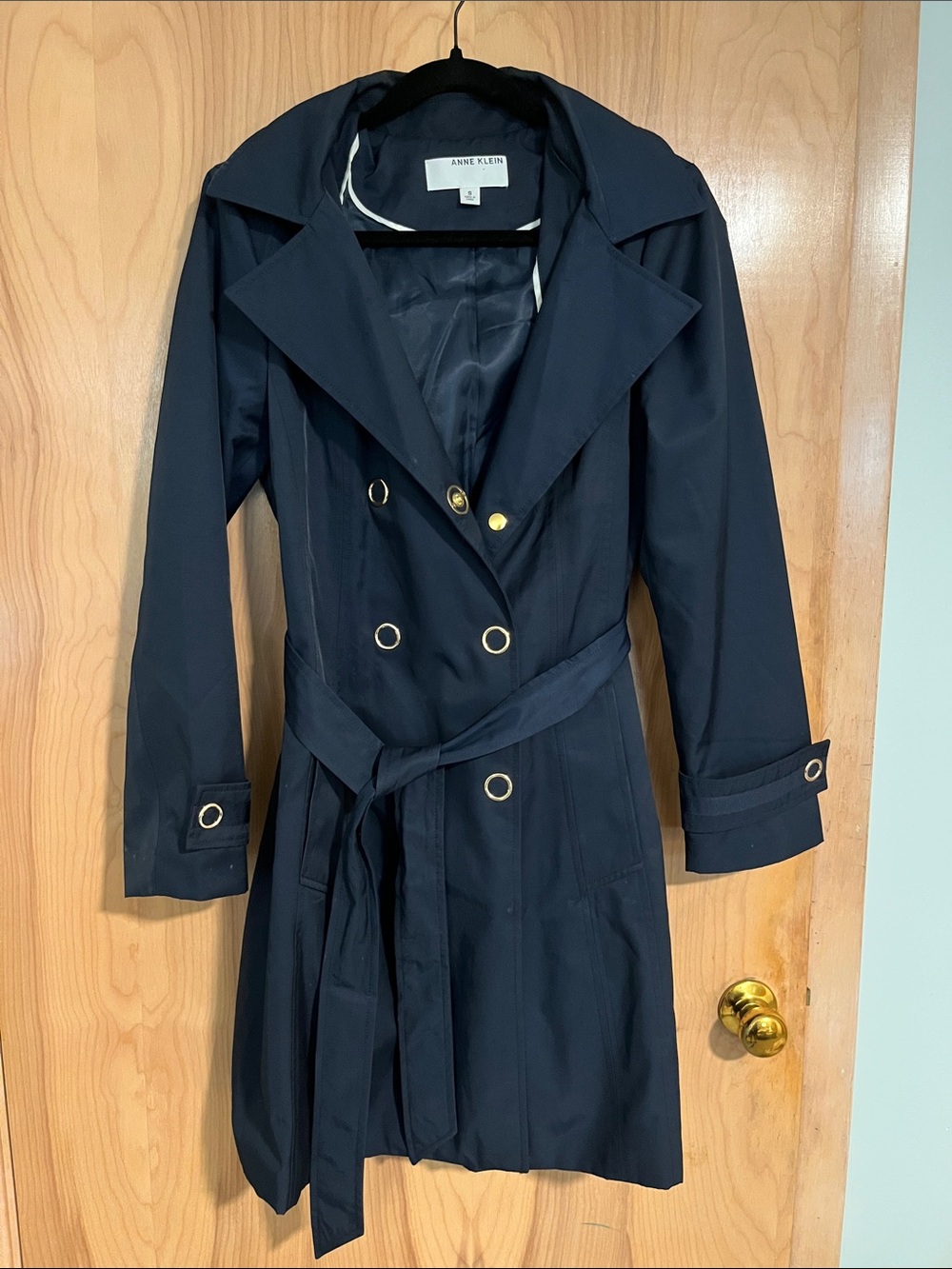 Anne Klein Navy Double-Breasted Belted Trench with Gold-Tone Accents